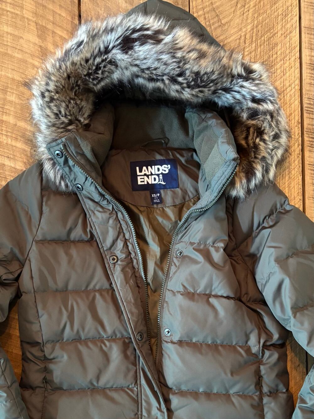 LANDS’ END Women’s Olive Green Down Blend Puffer Coat Removable Hood — Size XS P